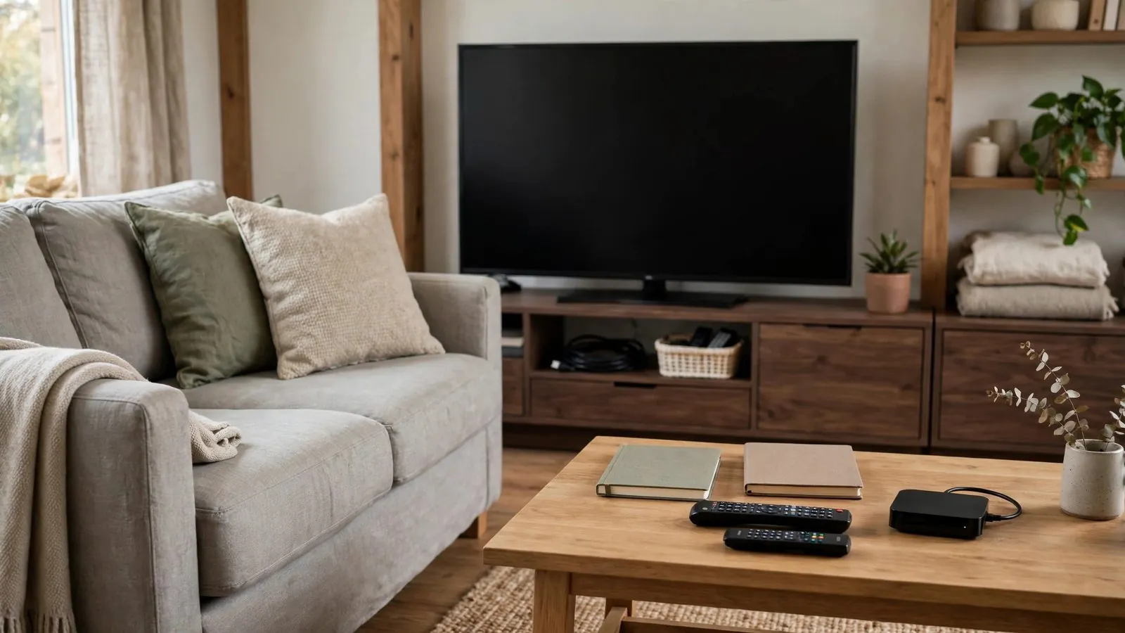 Living room interior featuring a switched-off TV, sofa, and wooden table arranged with notebooks and remote controls.