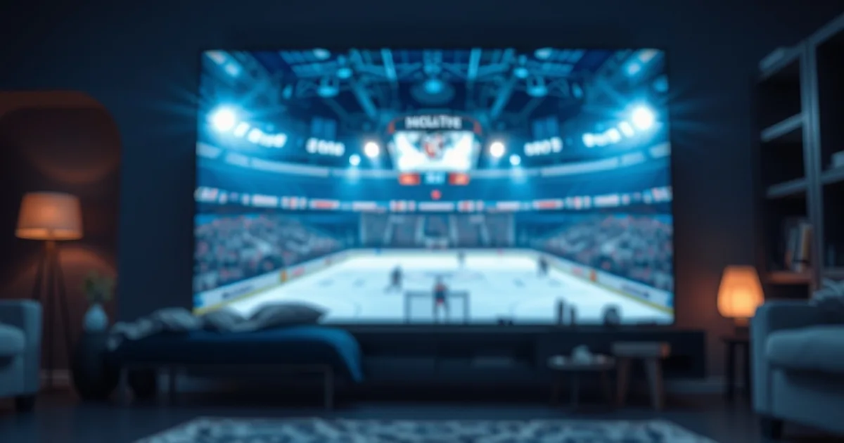 A dark living room at night with a 4K TV showing a hockey broadcast, connected to a streaming box by a visible Ethernet cable