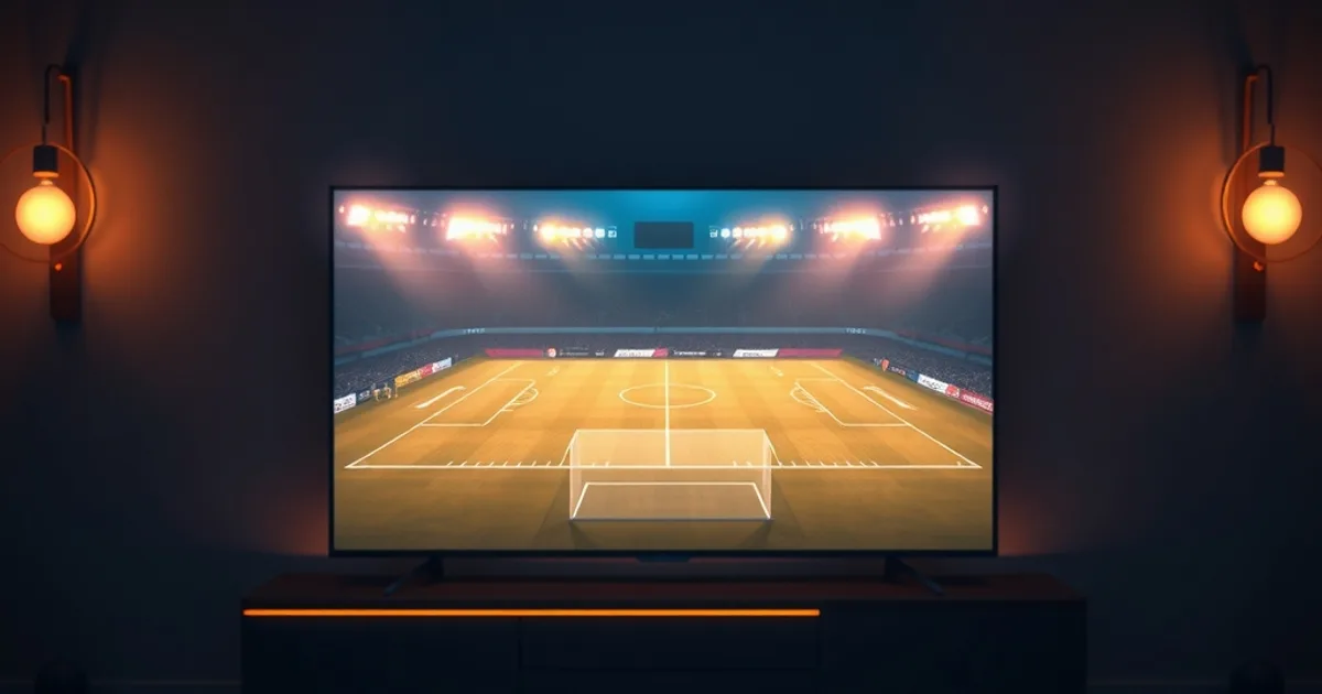 A dark, premium living room at night with a large Smart TV showing a sharp, glowing football field scene, ambient blue and amber lighting