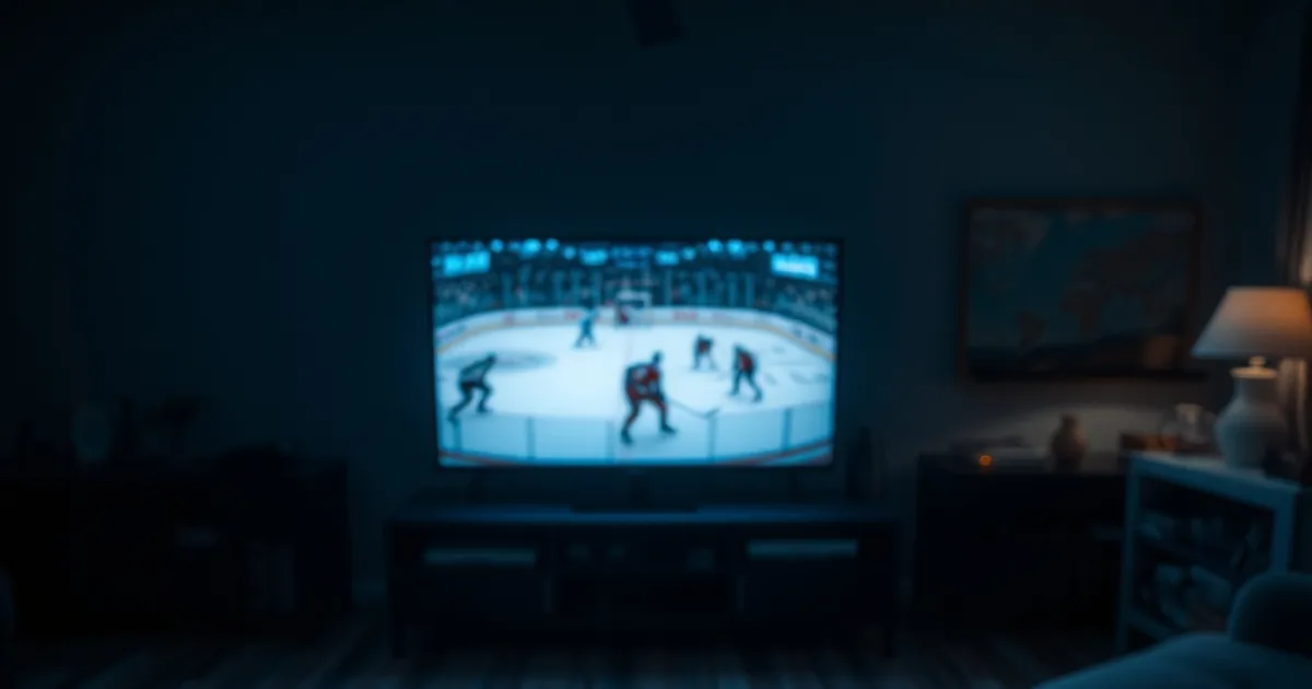 A dark living room lit only by a TV screen glowing blue-white with a live hockey broadcast, a streaming remote on the couch in the foreground