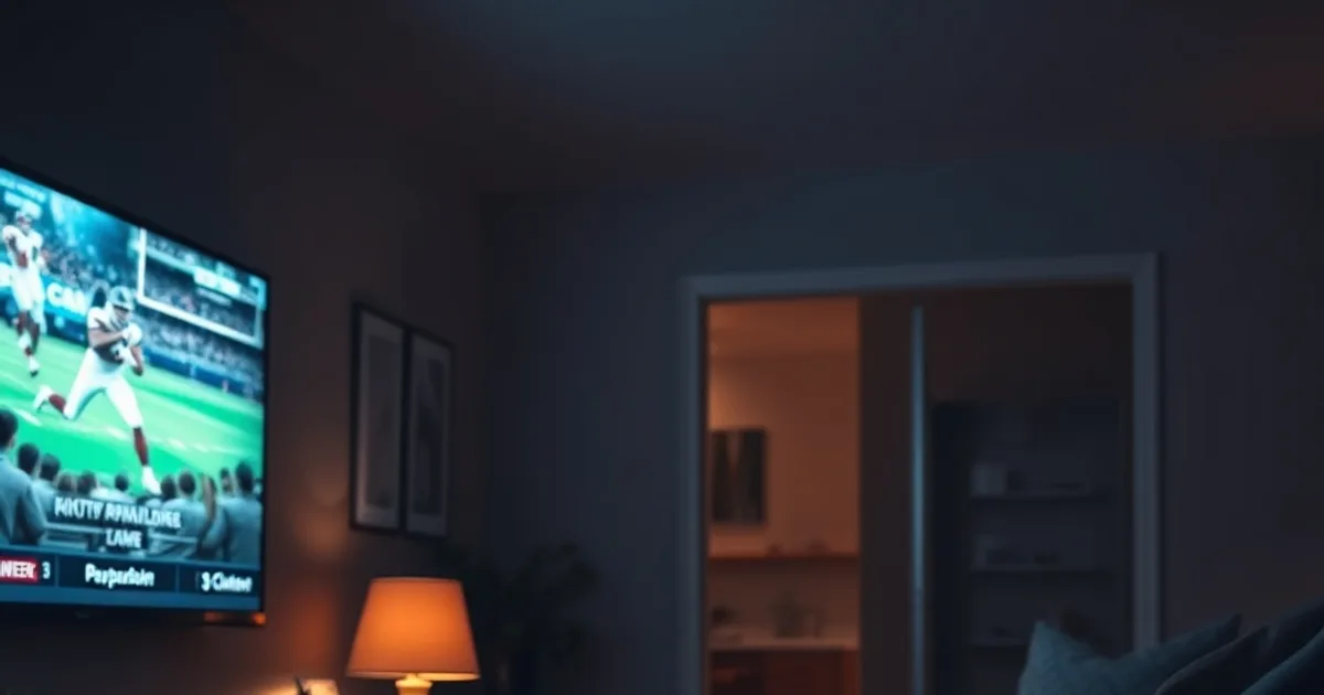 A Canadian family living room at dusk with a glowing TV showing a football broadcast and school backpacks resting by the front door