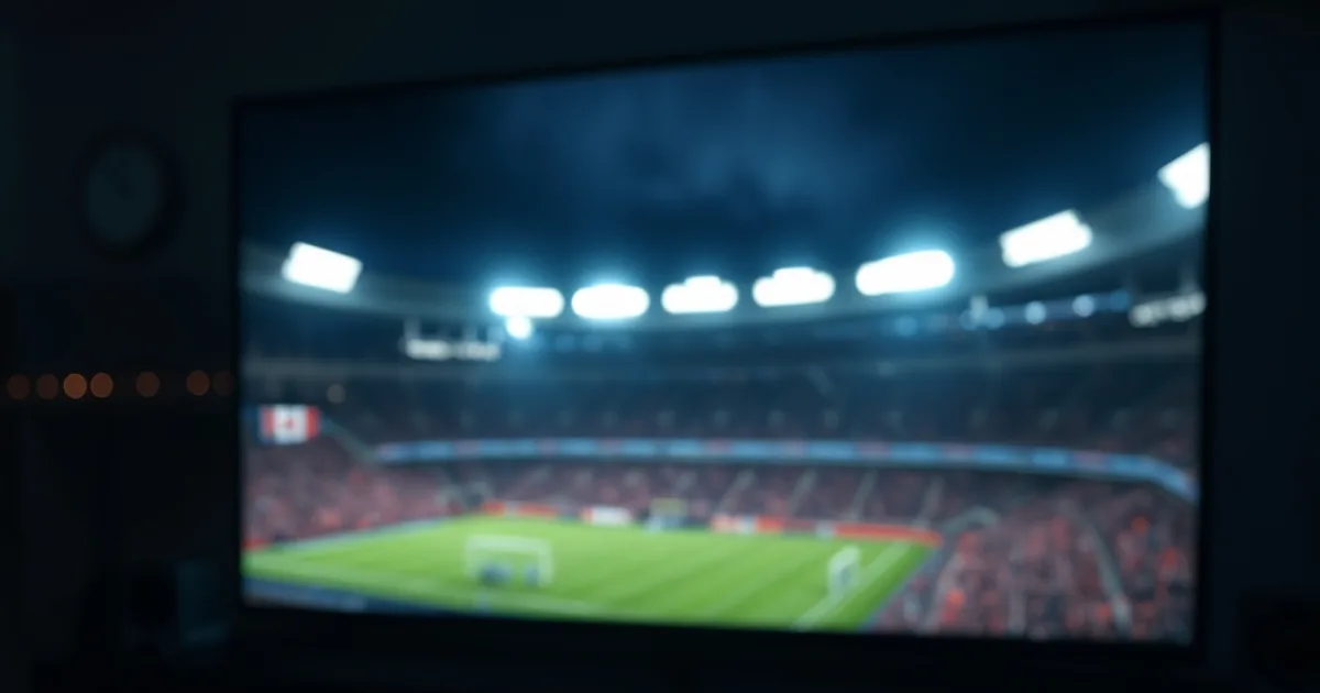 A black Android TV box on a media console with a TV in the background showing a blurred night football stadium broadcast