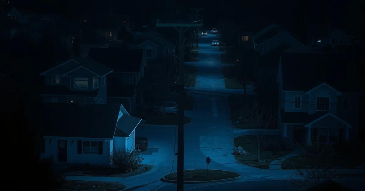 Aerial night view of an Ontario neighbourhood with glowing streams of light flowing from a utility pole to houses, one visibly narrowing and flickering, Toronto skyline faint in the background