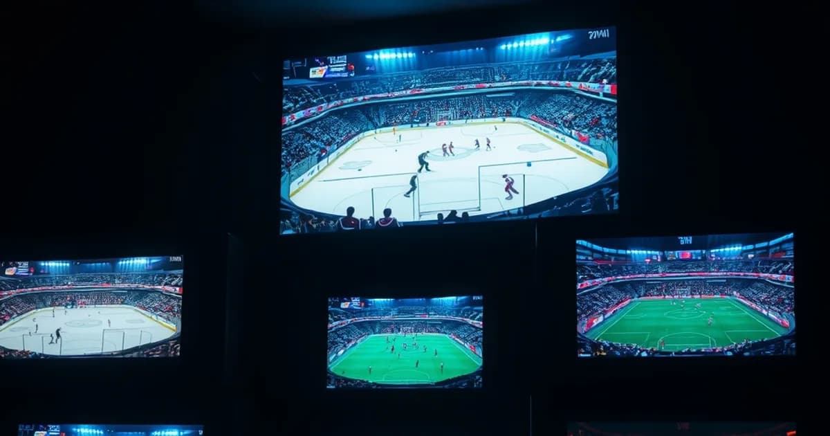 A dark wall of stacked screens showing live sports broadcasts, one screen buffering with pixelation while others stream clearly