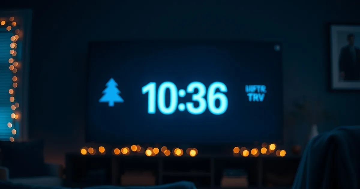 A dark, cozy living room at night lit by a glowing TV screen, with a streaming device and remote on a console table, evoking a late-November evening at home