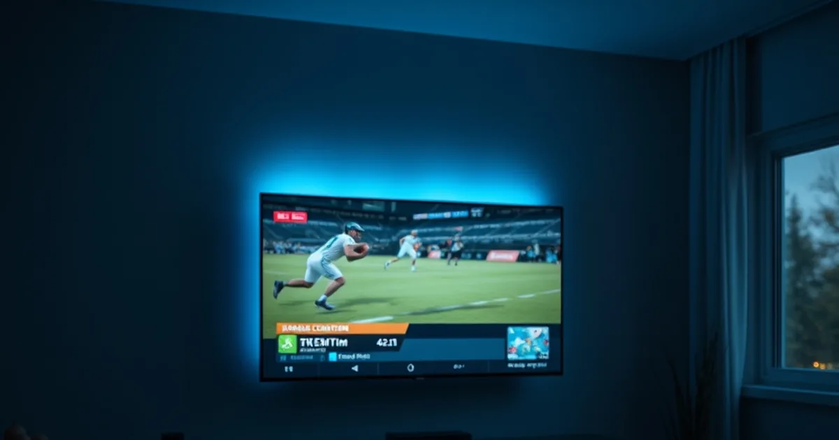 A Chromecast with Google TV plugged into a wall-mounted television glowing with a sports interface in a dim modern living room