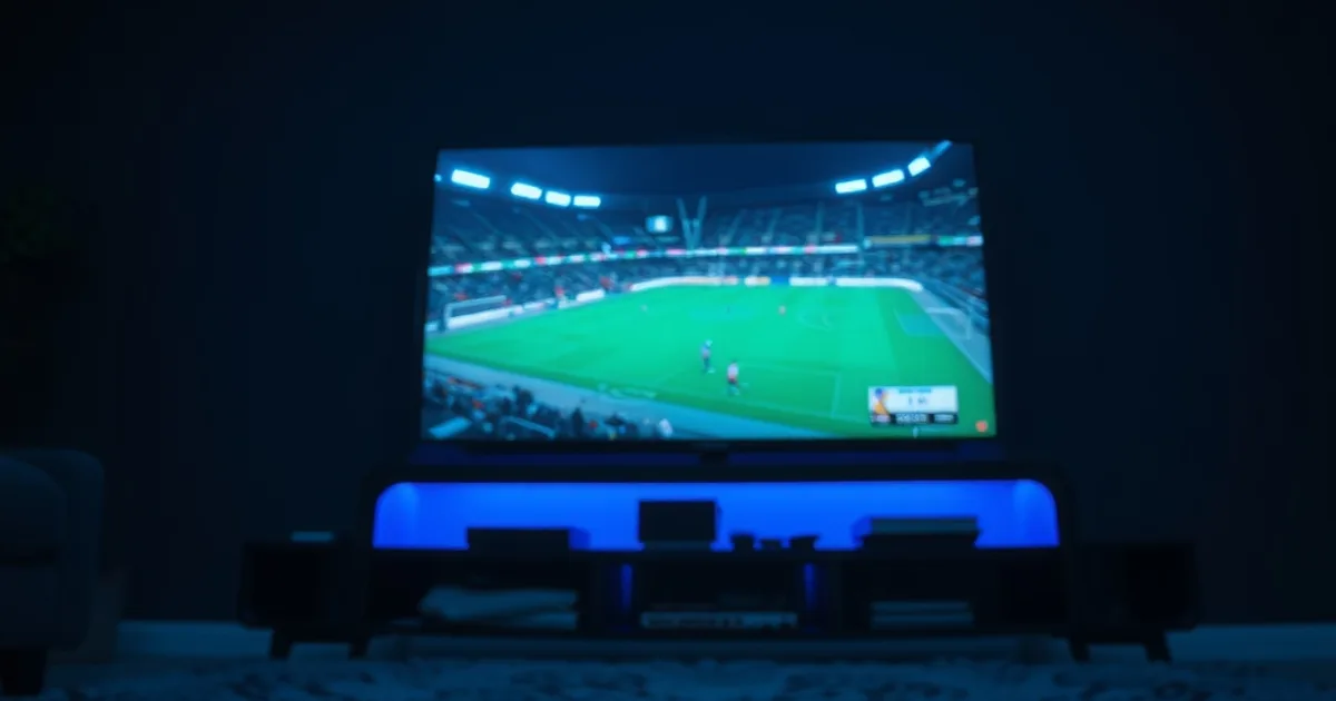 A dark Canadian living room lit only by a glowing TV showing live sports, with an unplugged cable cord coiled on the floor beside a streaming box, symbolizing the switch from cable to IPTV