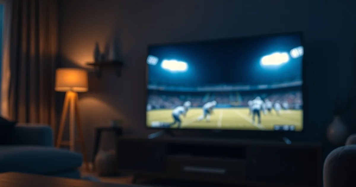 A dark living room lit by a TV showing a live football broadcast, with a streaming remote and an ethernet cable on the console table in the foreground