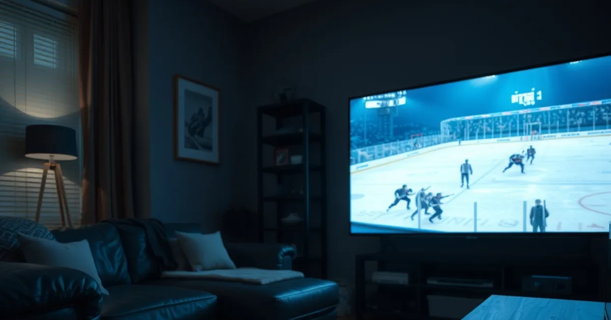 A dark living room at night lit by the cool blue glow of a TV screen, with a phone glowing on a side table and an Ethernet cable running to the console, evoking a household getting set up for opening night hockey