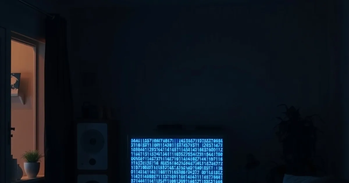 A dark living room lit by a television's blue glow at night, with a faint network grid pattern visible in the shadows, evoking IPTV account monitoring