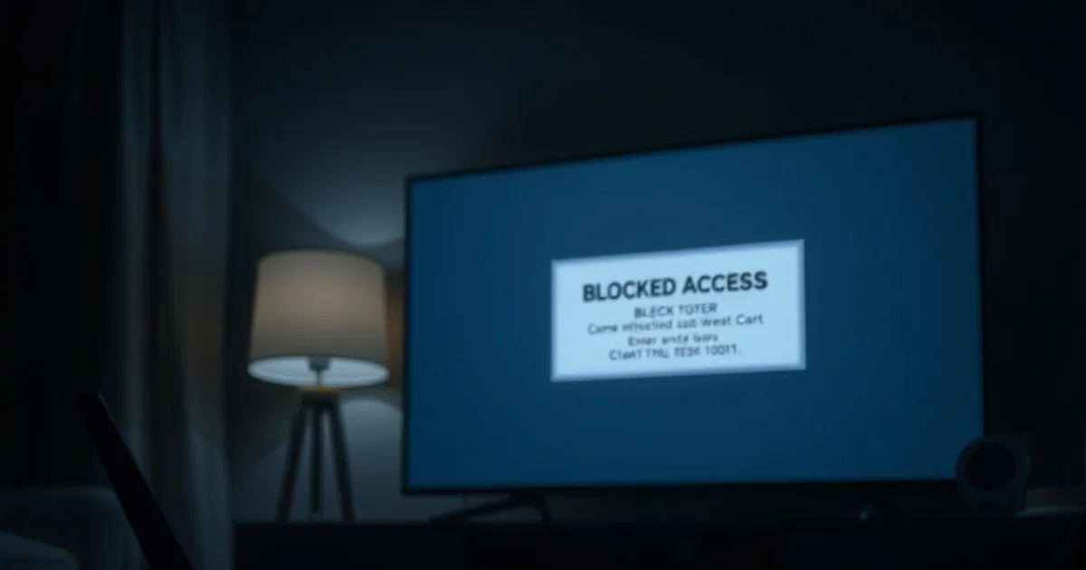 A router with a red status light glows in a dark living room, a TV screen faintly showing a blocked-access notice in the background