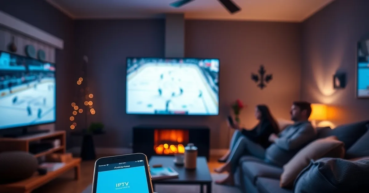A Canadian living room at dusk, a hockey game glowing on the big TV, a phone on the armrest showing an IPTV app mid-activation next to a stopwatch, cool Norse-blue lighting, family silhouettes settling onto the couch