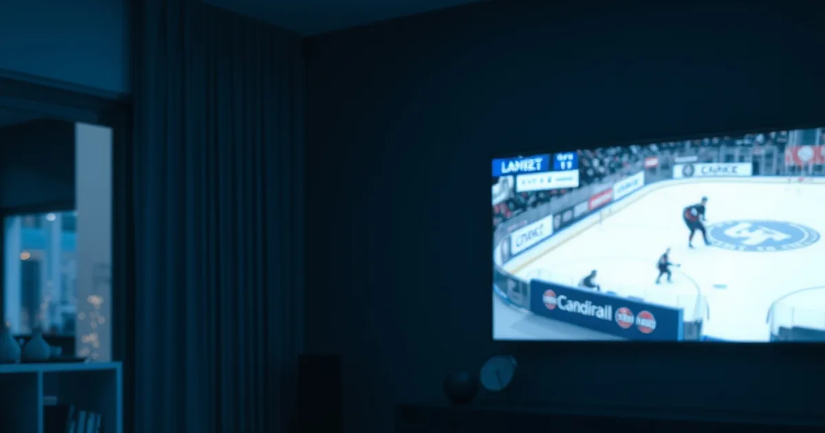 Dark living room lit by a wall-mounted TV streaming a hockey game, with a streaming device visible on the media console in the foreground