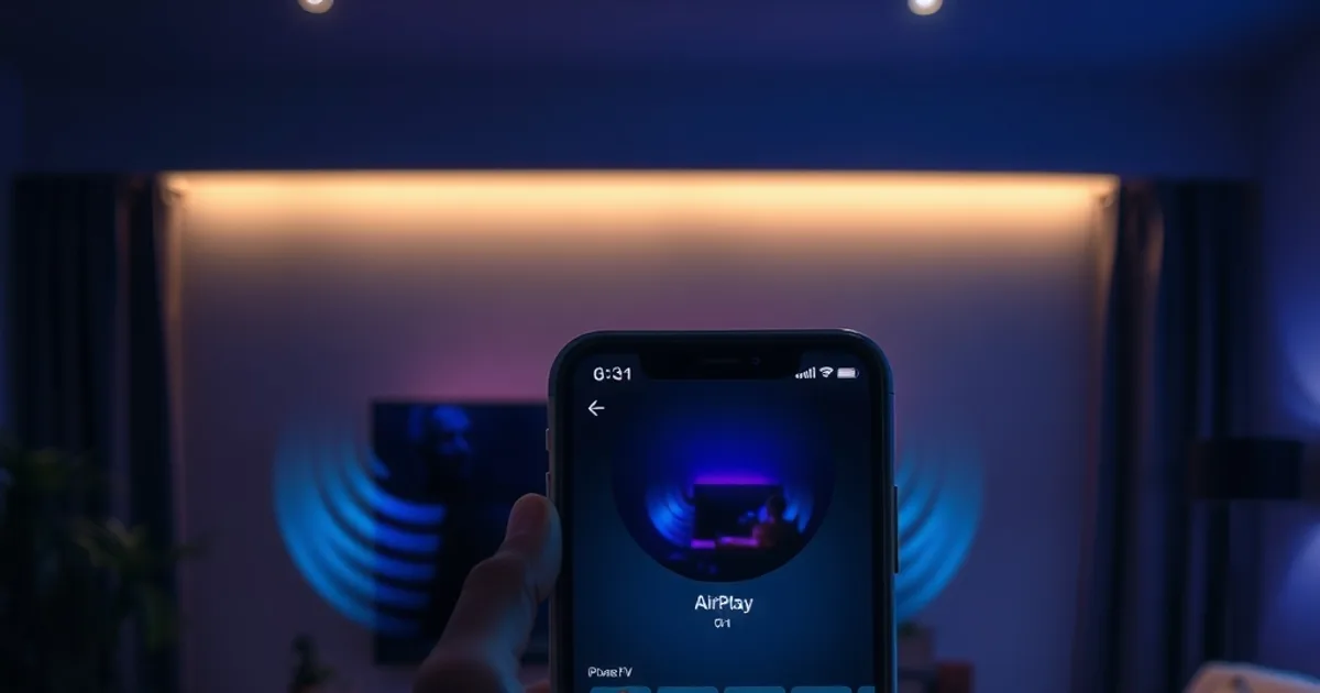 A hand holds an iPhone showing a glowing channel guide, with soft AirPlay light arcs reaching toward a dark TV in a moody living room
