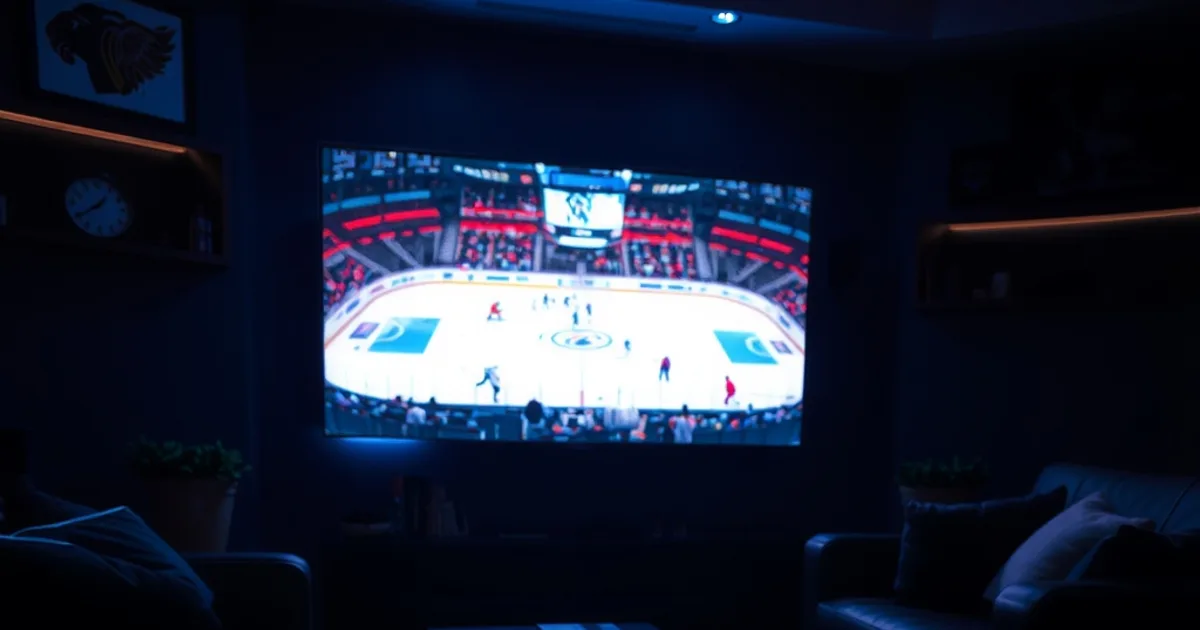 A dark living room lit by a TV showing a live hockey game, with a phone and tablet on the table also streaming the same game