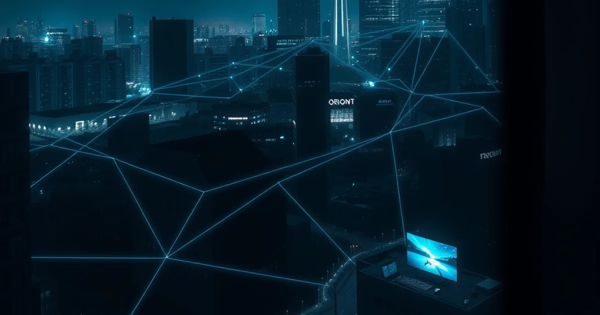Dark cinematic view of the Toronto skyline at night with glowing fiber-optic network lines overlaid across the city, symbolizing internet infrastructure and streaming traffic.