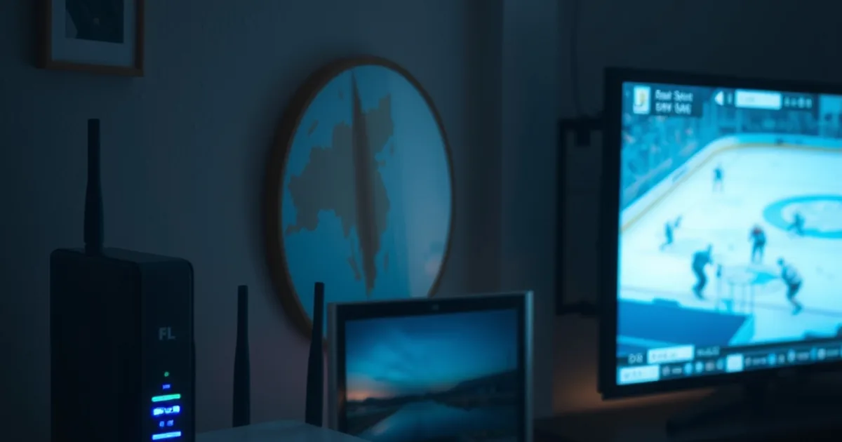 A router's blinking lights beside a TV glowing with a live hockey broadcast in a dark Ontario apartment at night, city skyline visible through the window.