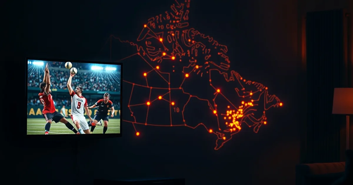 Dark living room at night with a TV glowing from a live sports broadcast, faint glowing network node lines mapped across a silhouette of Canada in the background