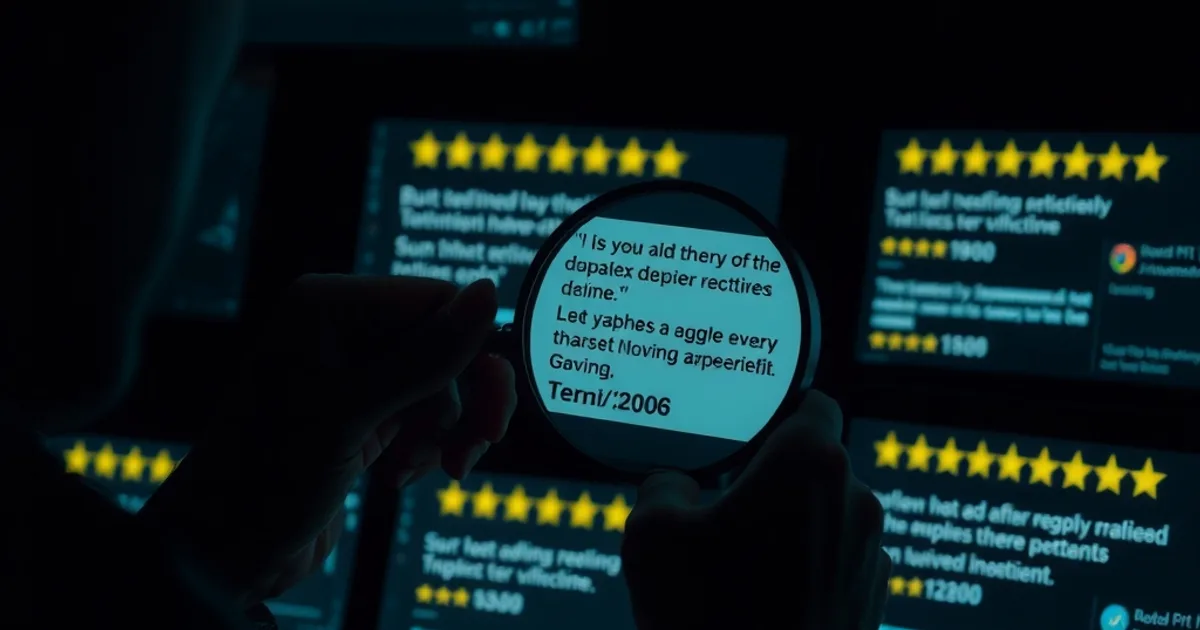 A person in dim blue light examines several glowing review screens through a magnifying glass, searching for signs of duplicated fake testimonials.