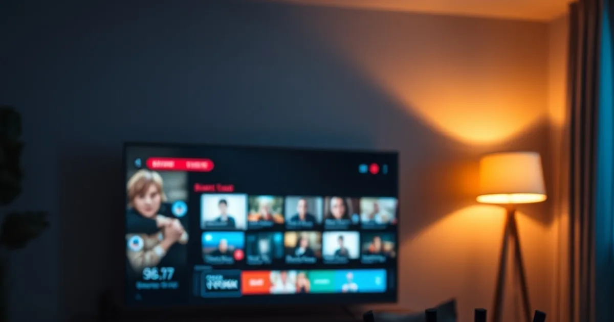 A smart TV glowing in a dark living room at night with a router and Ethernet cable visible nearby, representing an IPTV setup on a Samsung or LG TV