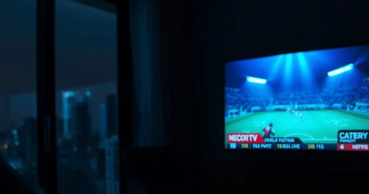 Dark, cinematic living room at night with a TV glowing blue-teal from a live football broadcast and a router with status lights visible nearby