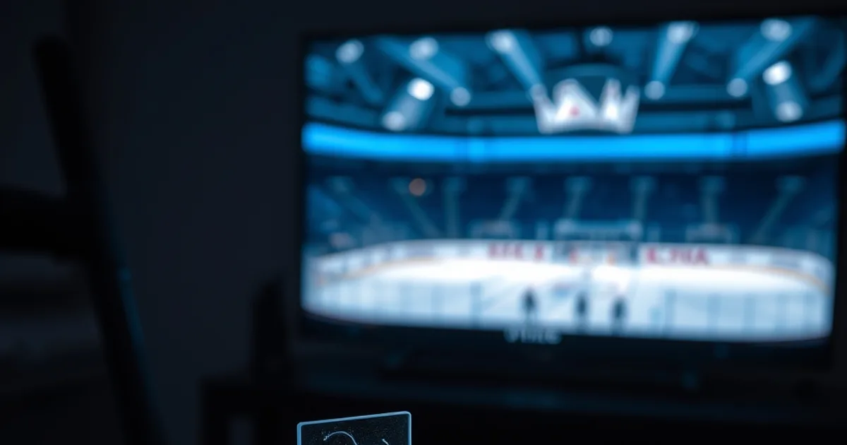 Dark, cinematic scene of a home router and Ethernet cables glowing with data light partially blocked at a junction, with a hockey broadcast glowing faintly on a TV in the background