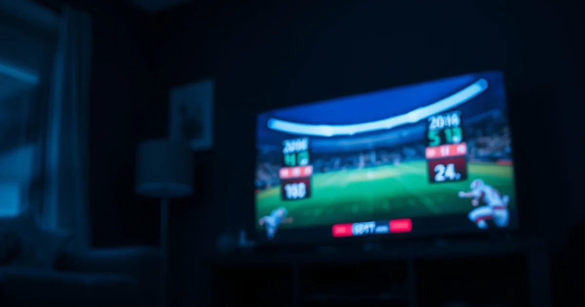 Dark, cinematic living room scene with streaming devices and a TV showing a live football broadcast glow