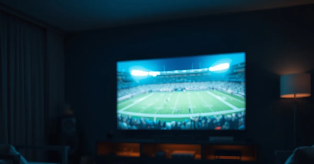 A dark living room lit by a television showing a football field during a live game, streaming remote in the foreground