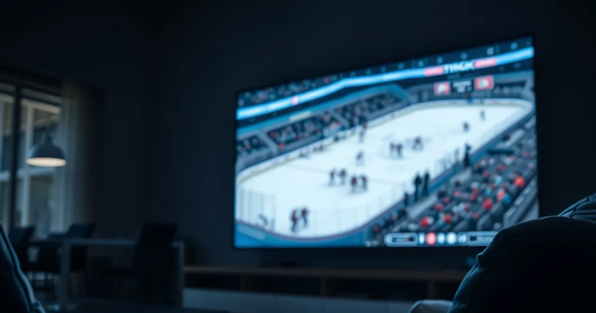 Dark living room lit by a TV showing a hockey game, with a streaming remote and a second glowing screen nearby
