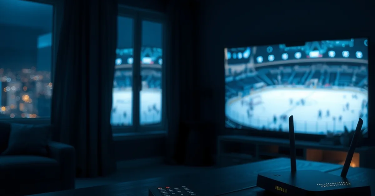 Dark living room lit by the cold glow of a hockey broadcast on a large TV, with a streaming remote and a router visible nearby
