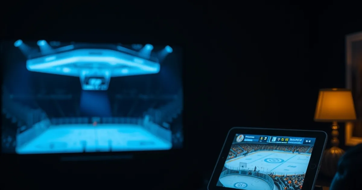 Dark living room at night lit by two screens — a TV showing a hockey rink and a tablet showing a second live broadcast — with a remote resting nearby.