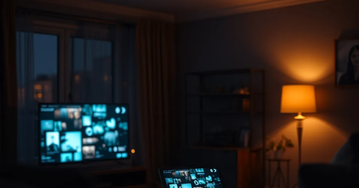 Multiple glowing screens streaming at once in a dim Canadian living room, connected by faint network lines
