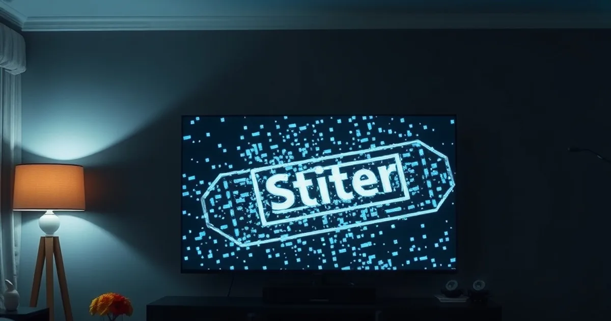 A dark living room at night with a television showing a buffering live hockey broadcast, a router blinking in the foreground