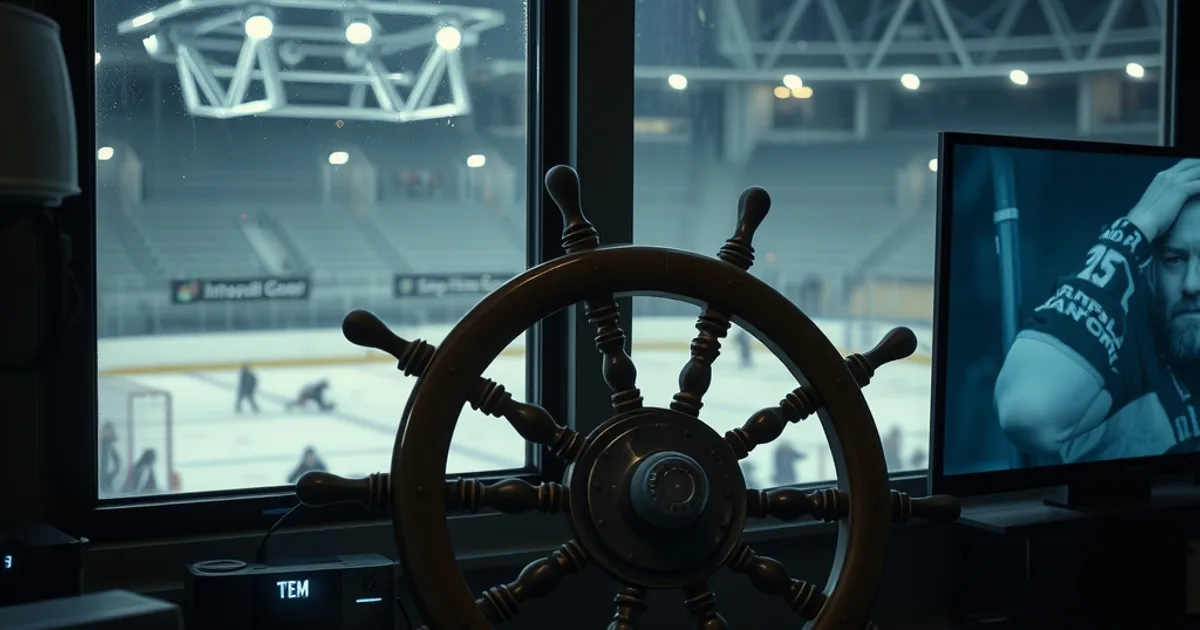A Viking-style helmet sits beside a glowing streaming device in a dark room overlooking a floodlit ice hockey rink at night.