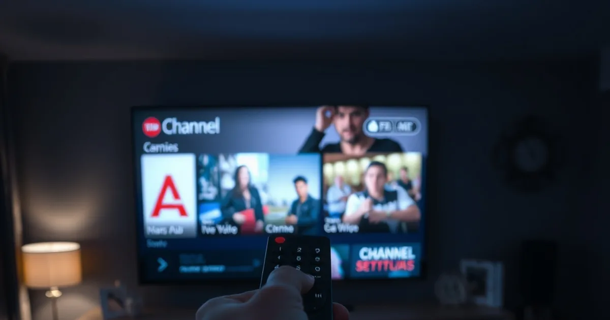 A hand pointing a remote at a glowing television channel guide in a dark living room at night