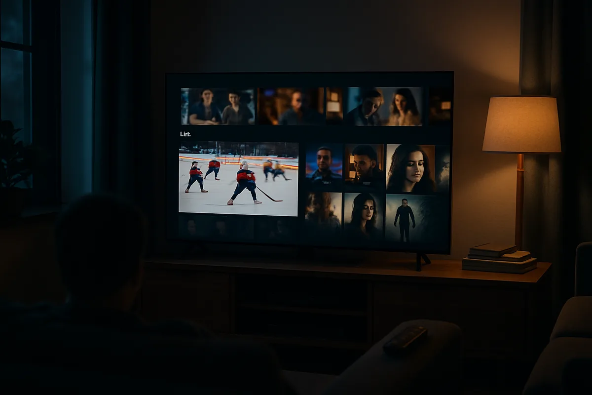 A large television in a dark Canadian living room showing a grid of channels and films