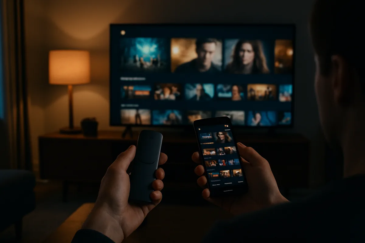 A hand holding a streaming stick and a phone showing the same TV service next to a television
