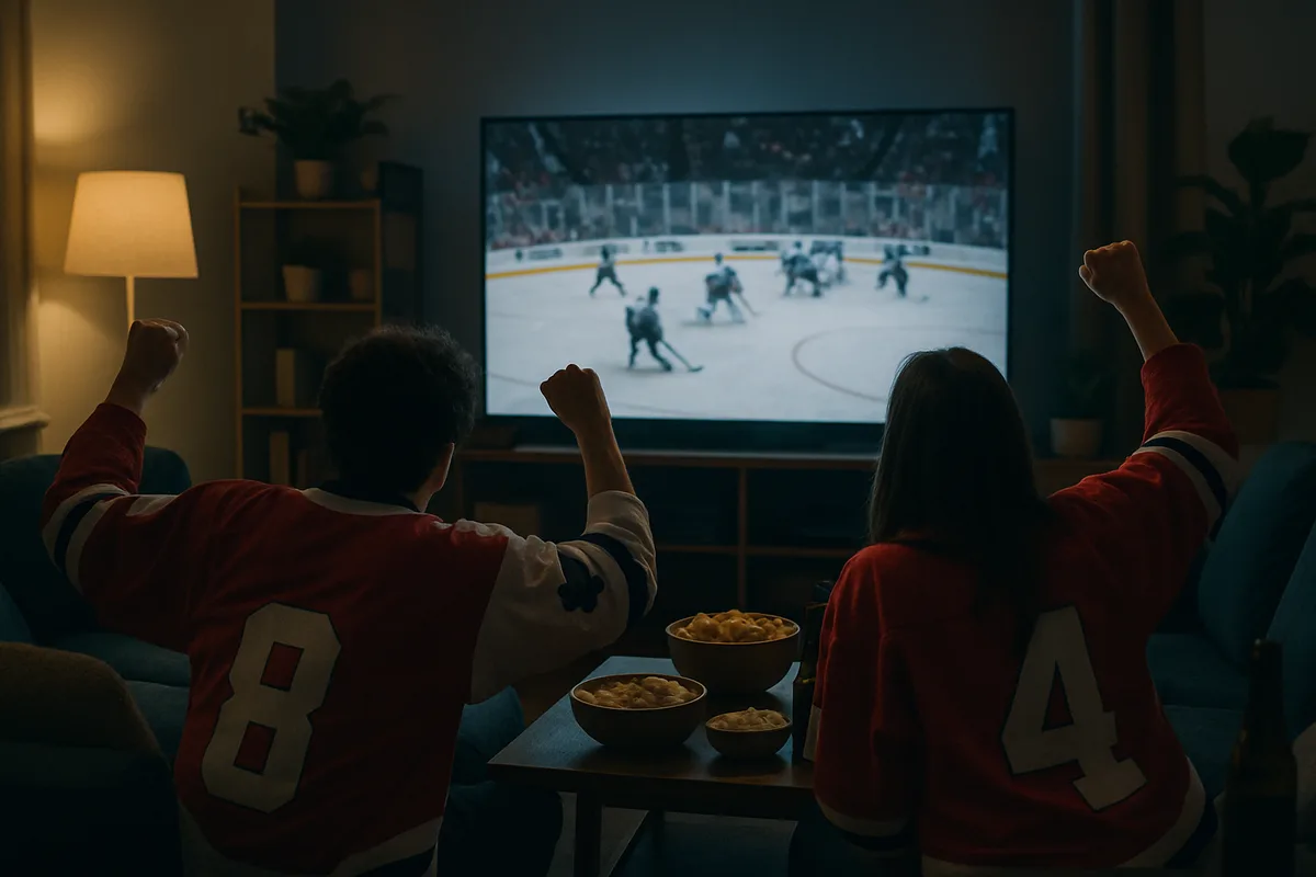 Friends watching a live hockey game together on a big screen in a Canadian home at night
